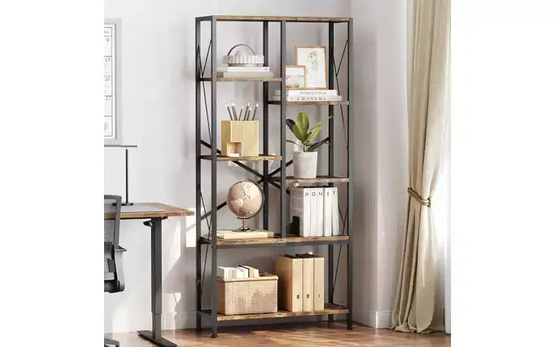 6-Tier Open Bookcase, Rustic Farmhouse Bookshelves with Black Metal Frame