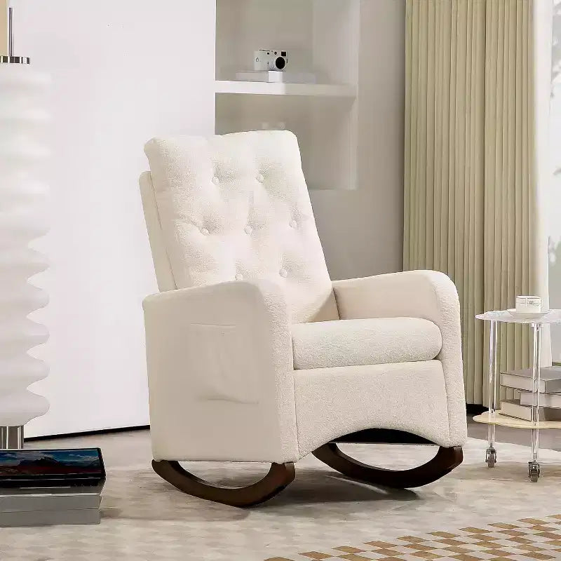 Nursery Rocking Chair, Upholstered Glider Rocker with Rubber Wood Legs, High Back and Side Pocket