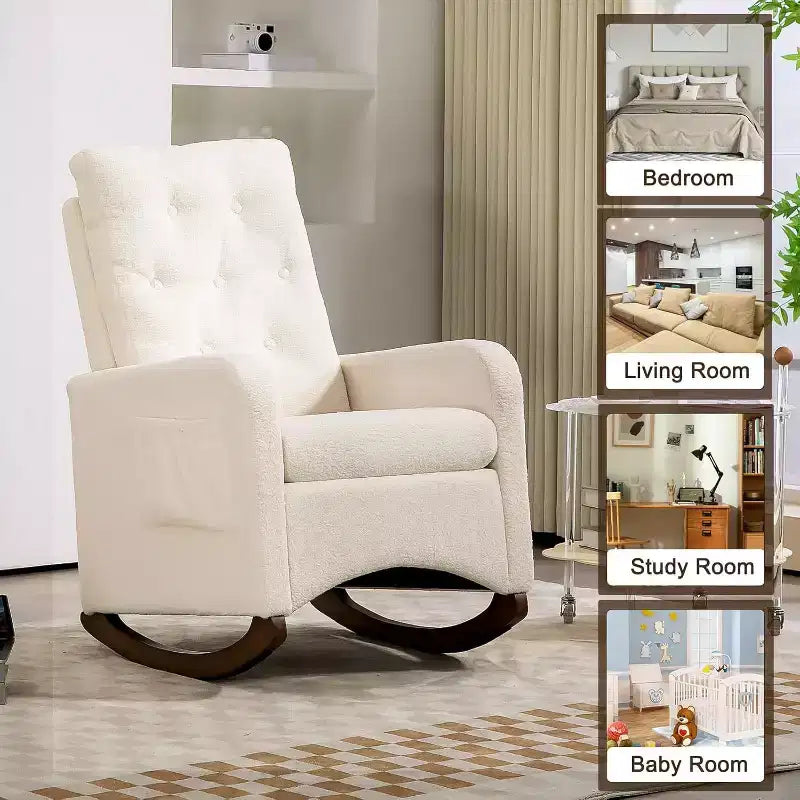 Nursery Rocking Chair, Upholstered Glider Rocker with Rubber Wood Legs, High Back and Side Pocket