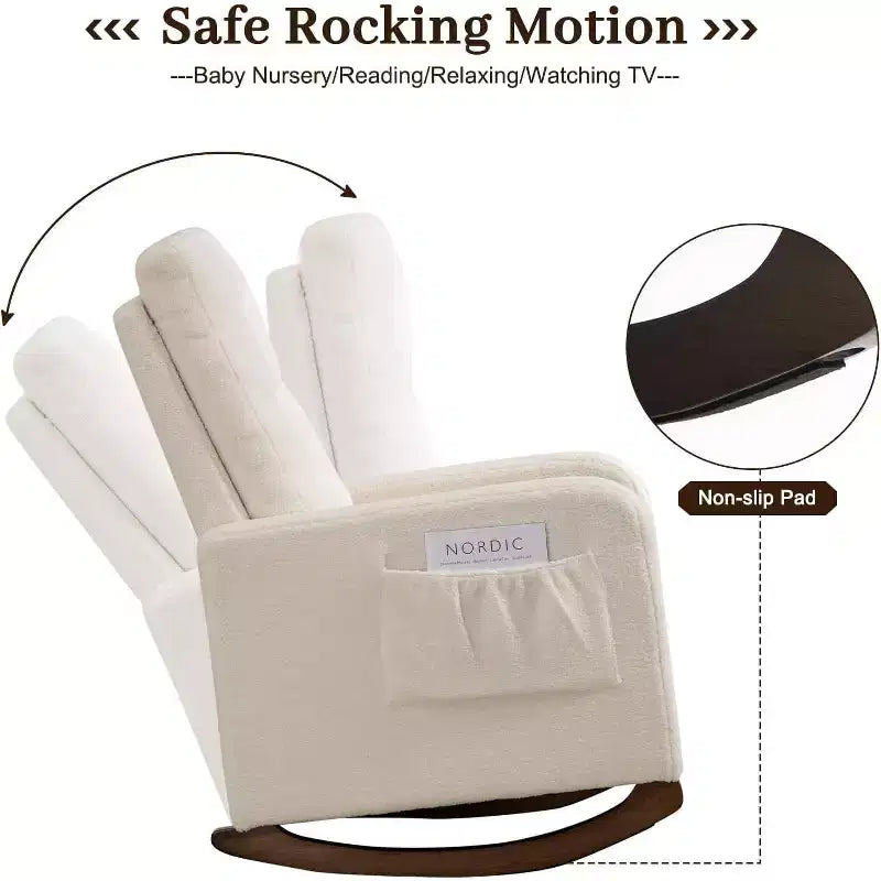 Nursery Rocking Chair, Upholstered Glider Rocker with Rubber Wood Legs, High Back and Side Pocket