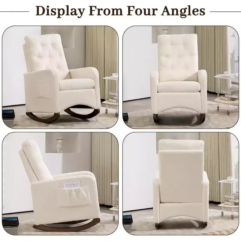 Nursery Rocking Chair, Upholstered Glider Rocker with Rubber Wood Legs, High Back and Side Pocket