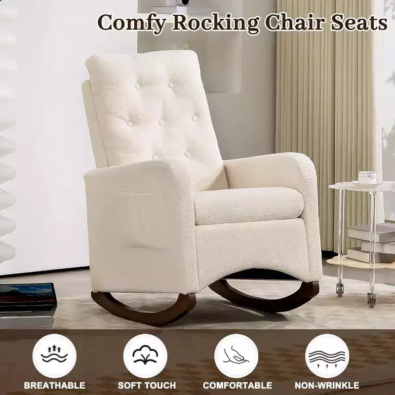 Nursery Rocking Chair, Upholstered Glider Rocker with Rubber Wood Legs, High Back and Side Pocket