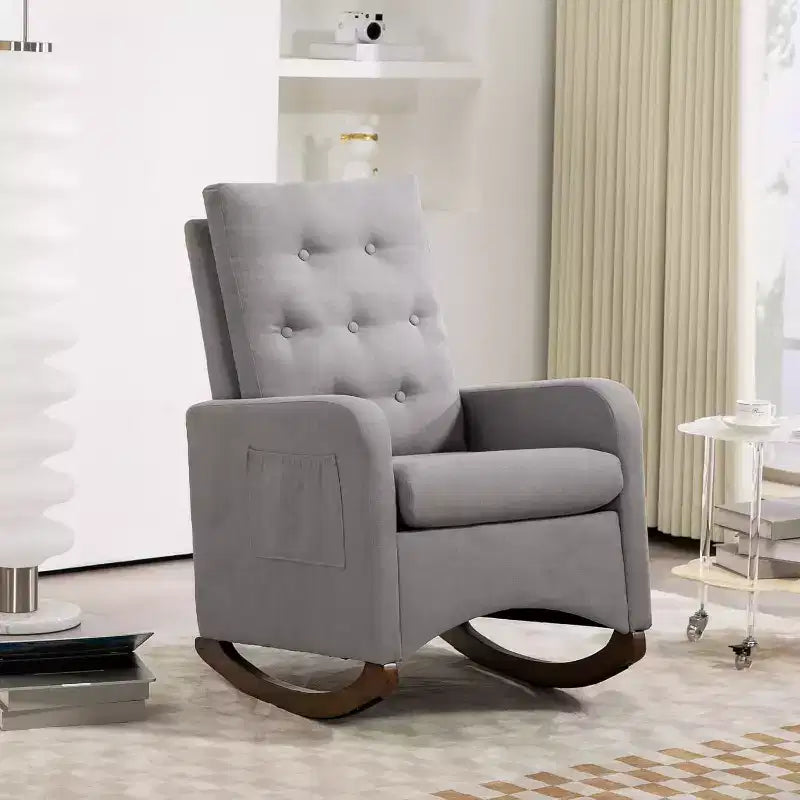 Nursery Rocking Chair, Upholstered Glider Rocker with Rubber Wood Legs, High Back and Side Pocket