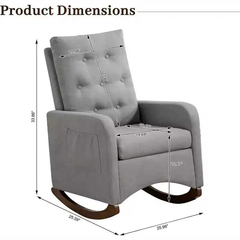 Nursery Rocking Chair, Upholstered Glider Rocker with Rubber Wood Legs, High Back and Side Pocket