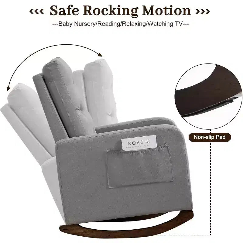 Nursery Rocking Chair, Upholstered Glider Rocker with Rubber Wood Legs, High Back and Side Pocket