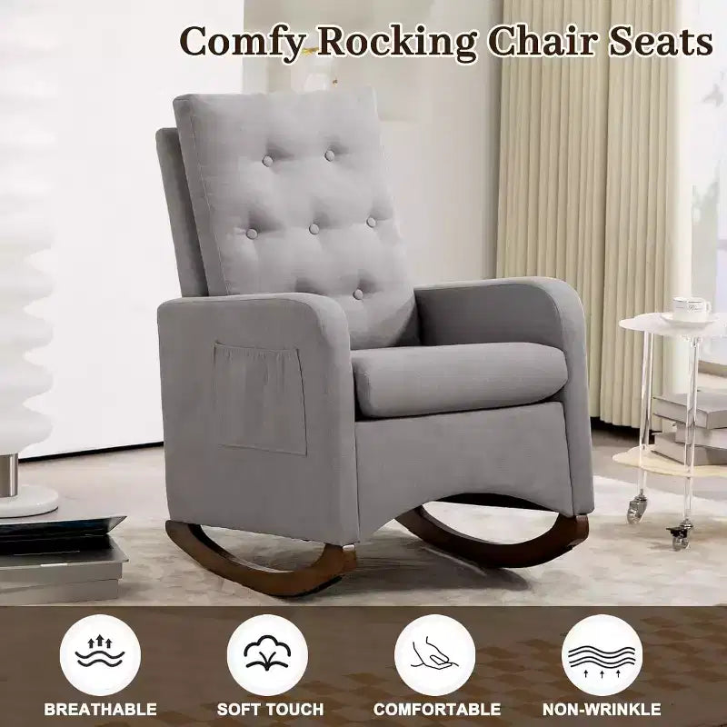 Nursery Rocking Chair, Upholstered Glider Rocker with Rubber Wood Legs, High Back and Side Pocket