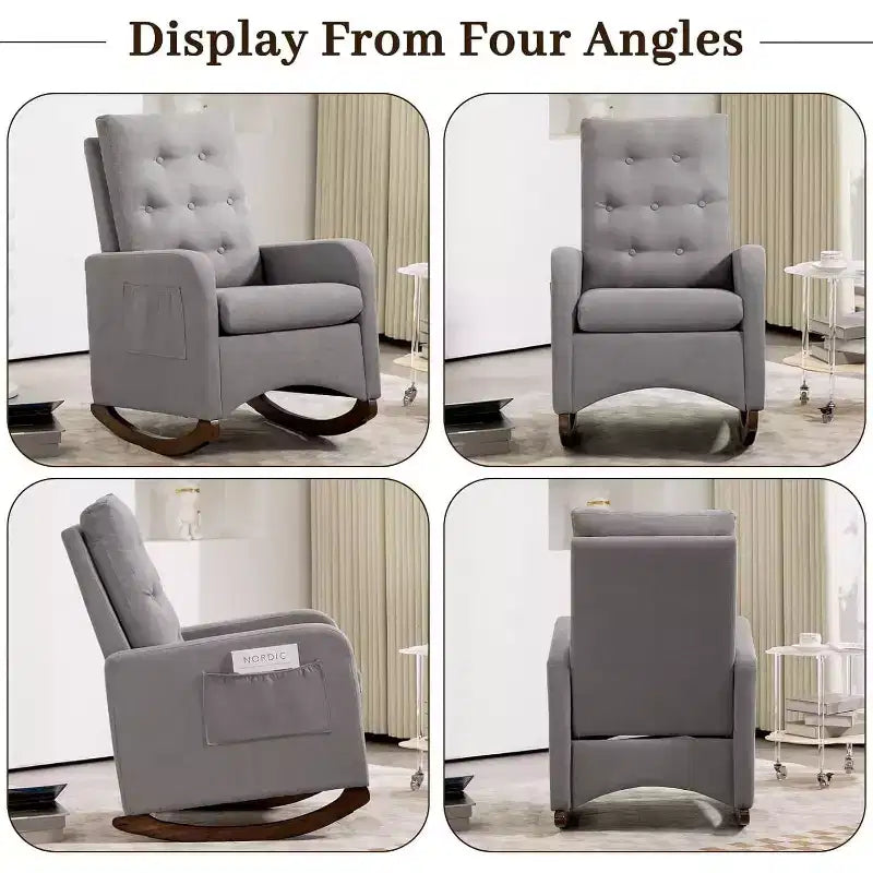 Nursery Rocking Chair, Upholstered Glider Rocker with Rubber Wood Legs, High Back and Side Pocket