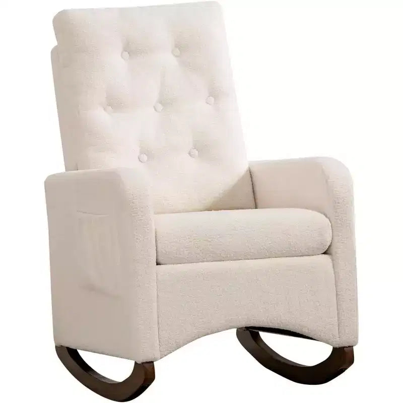 Nursery Rocking Chair, Upholstered Glider Rocker with Rubber Wood Legs, High Back and Side Pocket