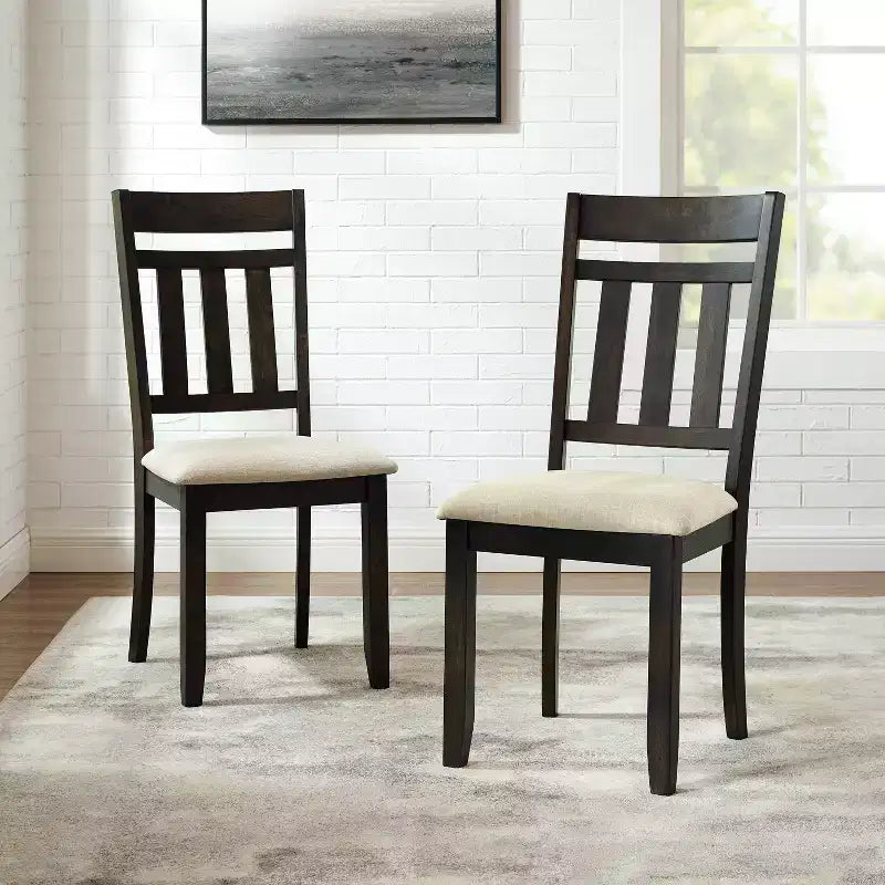 Set of 2 Slat Back Dining Chairs, Slate – Upholstered Linen Seat, Rubberwood Frame