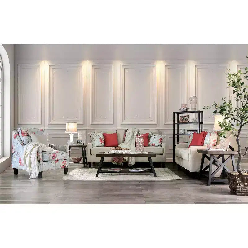 Upholstered Loveseat, Ivory Linen with Removable Cushions and Accent Pillows