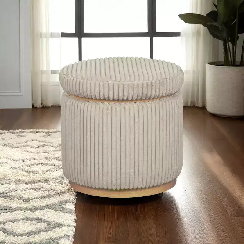 Round Storage Ottoman, Corduroy Cream – Lift-Top with Hidden Storage