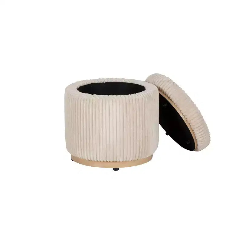 Round Storage Ottoman, Corduroy Cream – Lift-Top with Hidden Storage