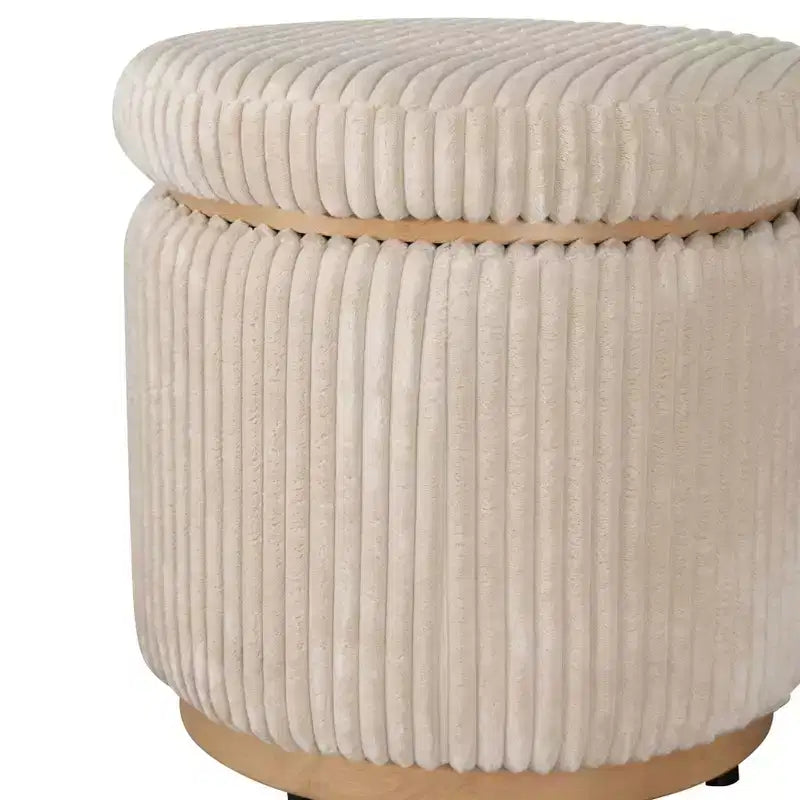 Round Storage Ottoman, Corduroy Cream – Lift-Top with Hidden Storage