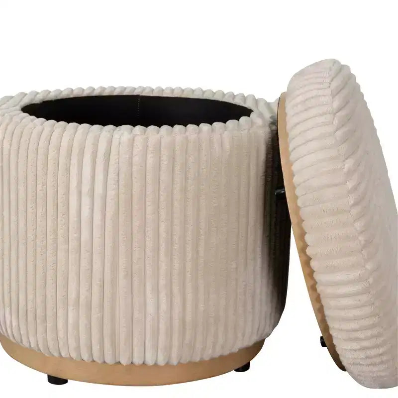 Round Storage Ottoman, Corduroy Cream – Lift-Top with Hidden Storage