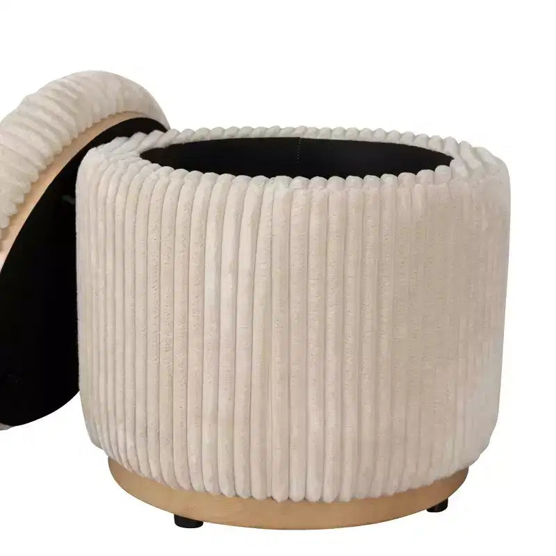 Round Storage Ottoman, Corduroy Cream – Lift-Top with Hidden Storage