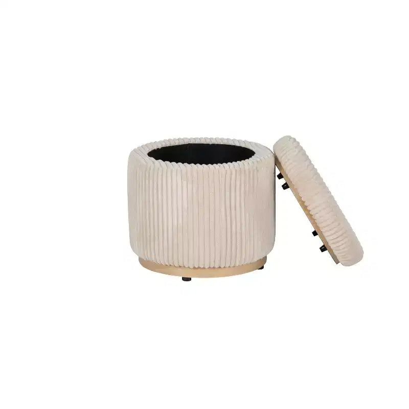 Round Storage Ottoman, Corduroy Cream – Lift-Top with Hidden Storage