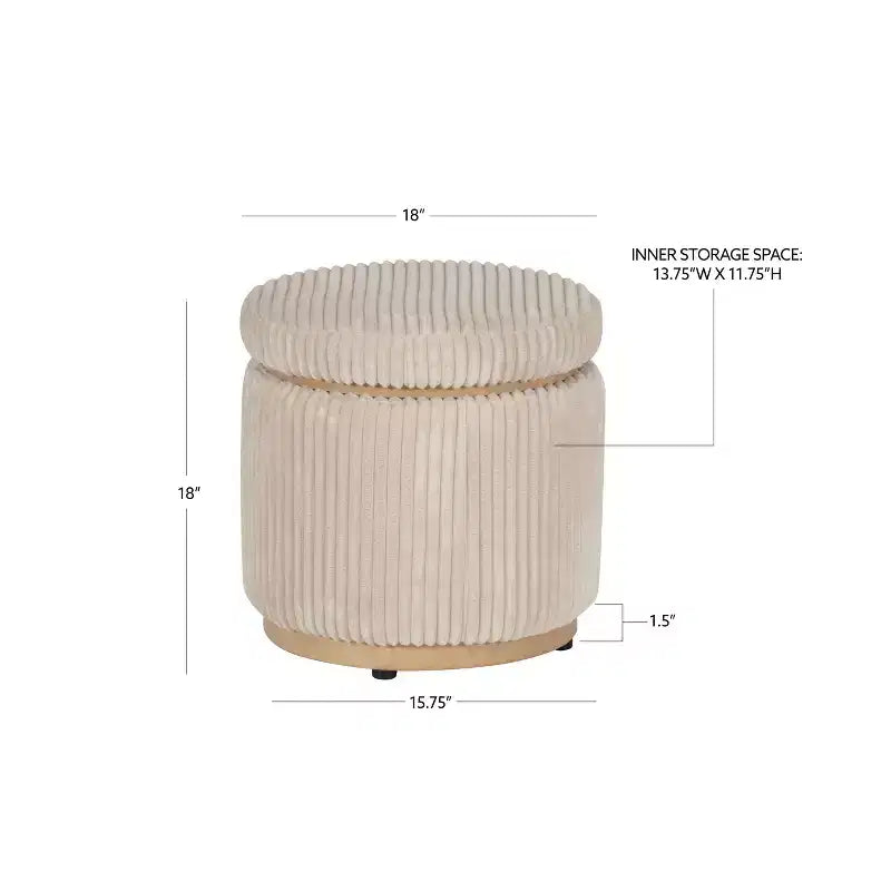 Round Storage Ottoman, Corduroy Cream – Lift-Top with Hidden Storage