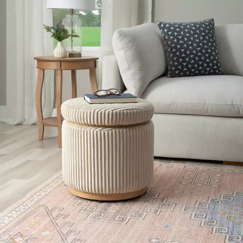 Round Storage Ottoman, Corduroy Cream – Lift-Top with Hidden Storage