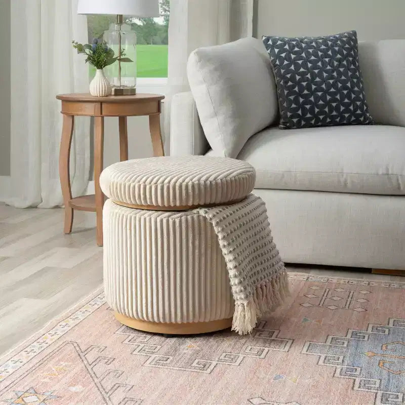 Round Storage Ottoman, Corduroy Cream – Lift-Top with Hidden Storage