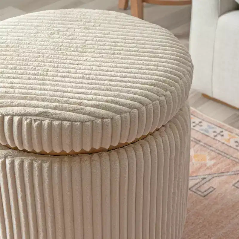 Round Storage Ottoman, Corduroy Cream – Lift-Top with Hidden Storage