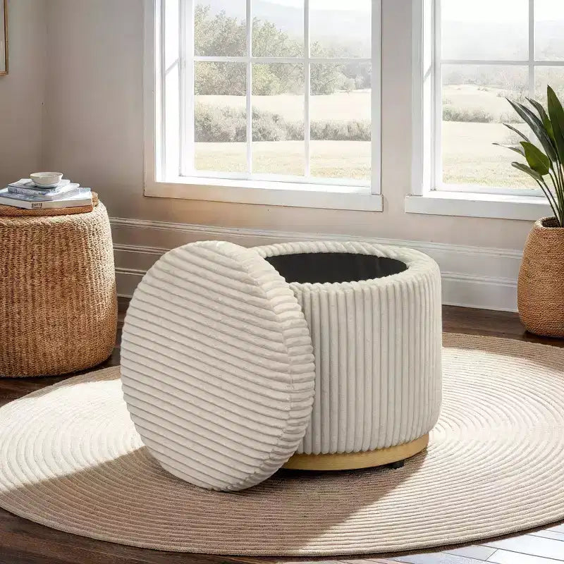 Round Storage Ottoman, Corduroy Cream – Lift-Top with Hidden Storage