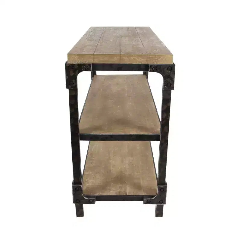 Rustic 3-Tier Console Table, Brown Industrial Style with Fixed Shelves and Wood Frame, Entryway Storage