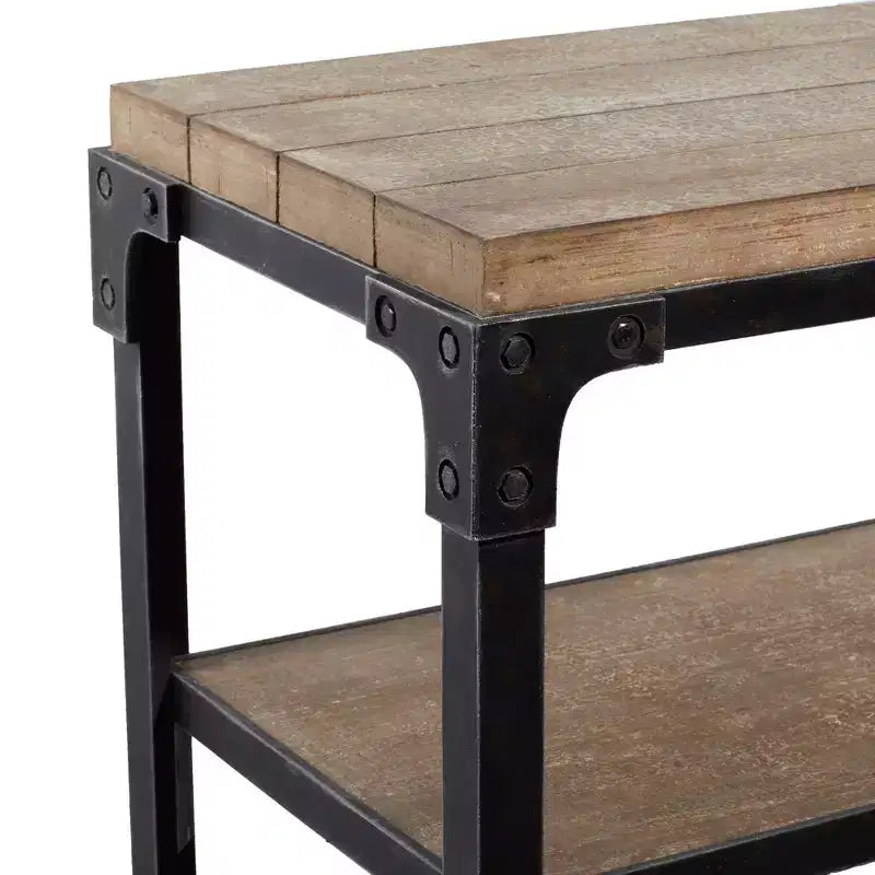 Rustic 3-Tier Console Table, Brown Industrial Style with Fixed Shelves and Wood Frame, Entryway Storage