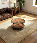 Small Round 2-Tier Coffee Table with Storage Shelf & Metal Frame, Rustic Brown